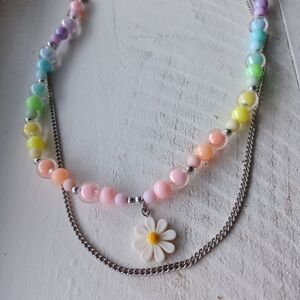 Pastel Beaded Necklace with Daisy Pendant